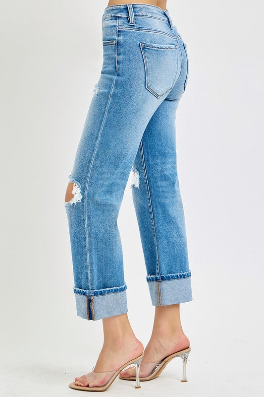 Heren Mid Rise Straight Cuffed Jeans Denim 3