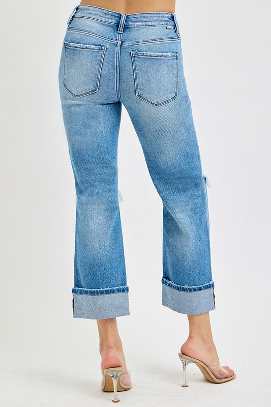 Heren Mid Rise Straight Cuffed Jeans Denim 4