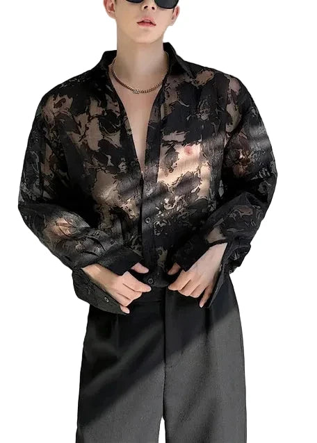 Heren Oversized Hemd Tule Met Print En Opengewerkte Details 0