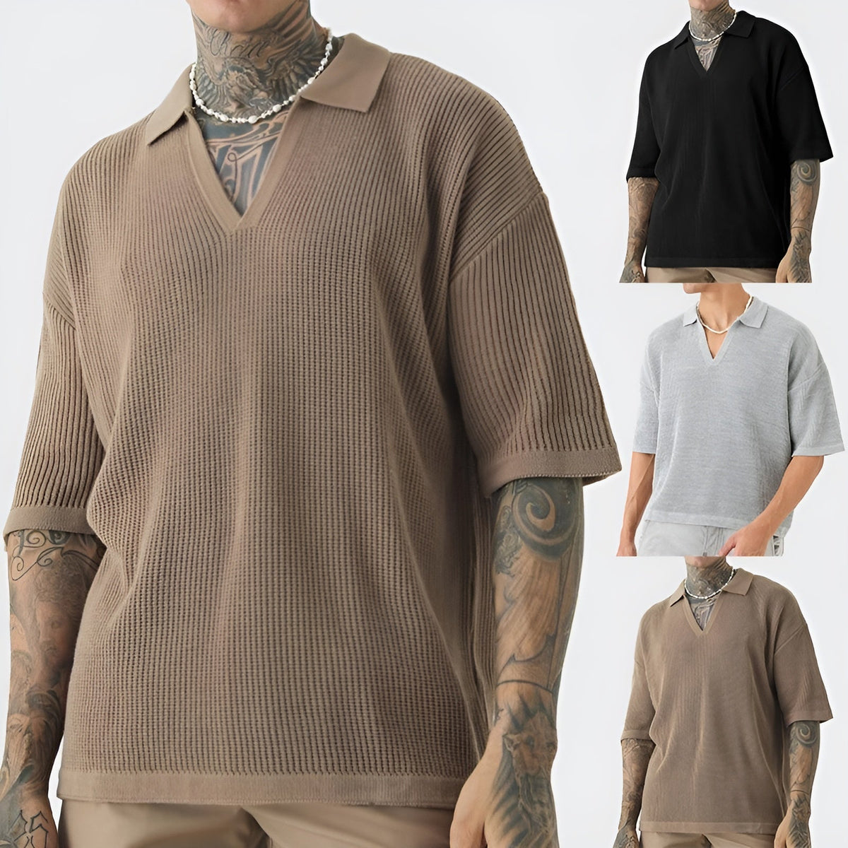 Heren Polo Shirt Oversized Retro V-Hals Korte Mouwen 3
