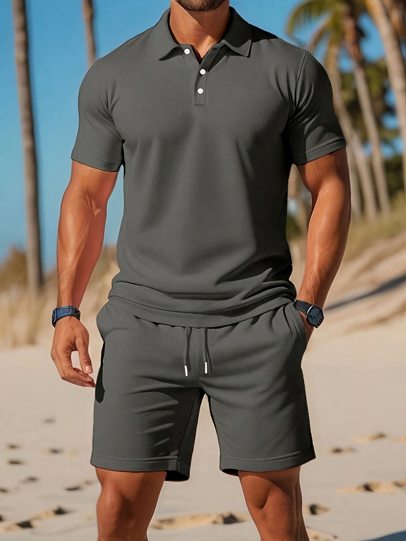 Heren Polo en Short Set Ton-sur-Ton Gebreide Stof 5