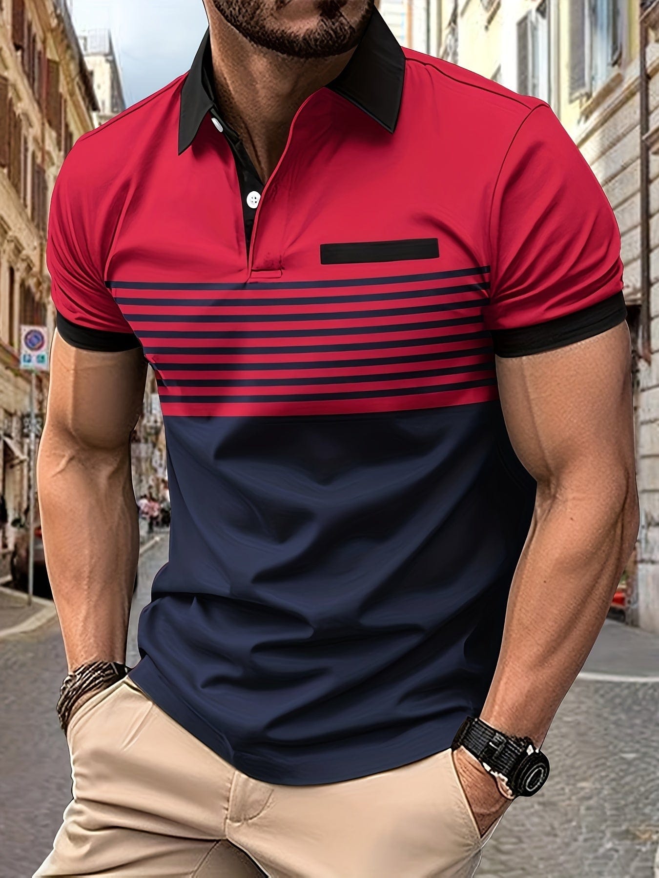 Heren Poloshirt Gestreept Casual met Korte Mouwen en Borstzak 7