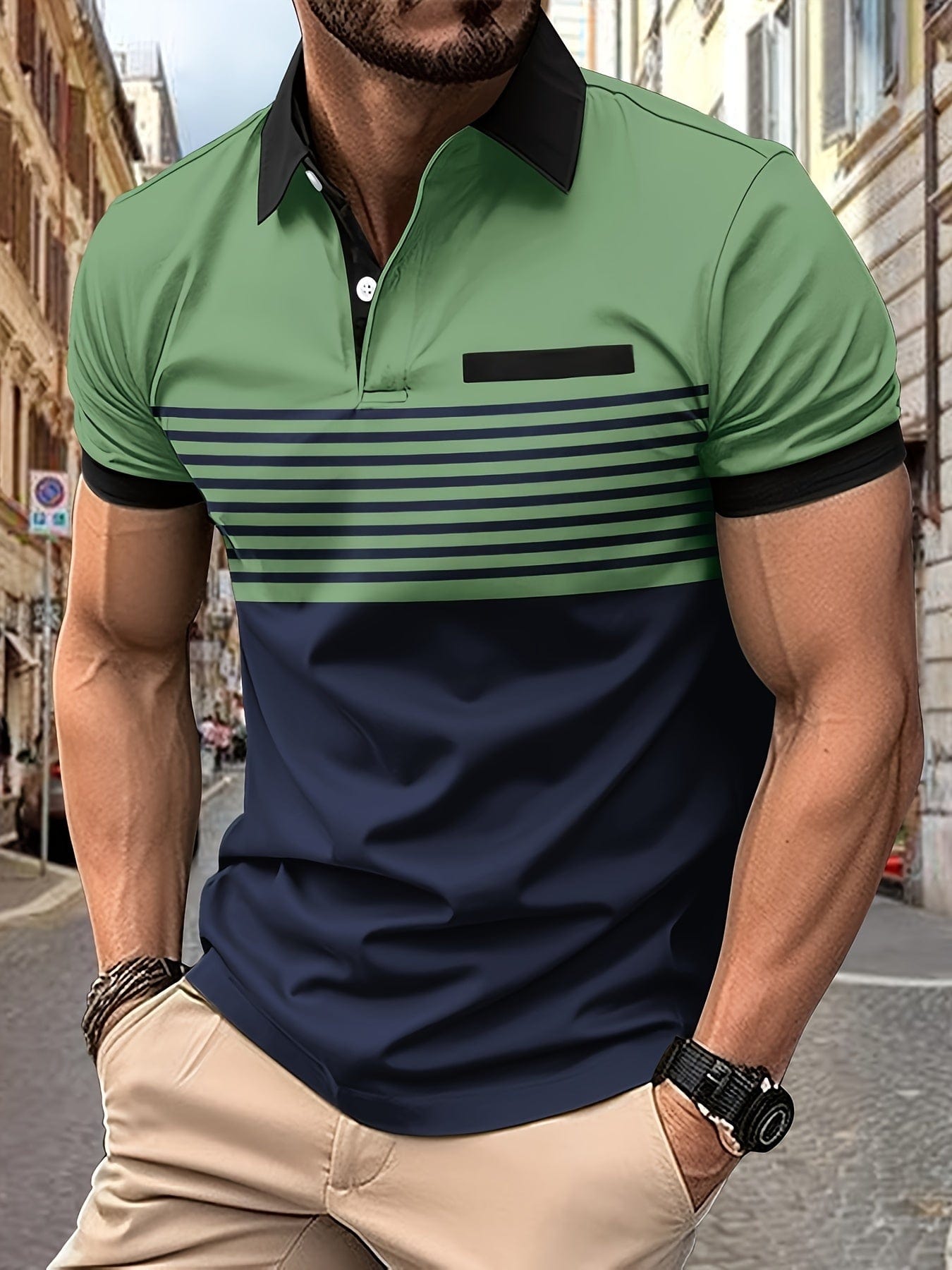 Heren Poloshirt Gestreept Casual met Korte Mouwen en Borstzak 8