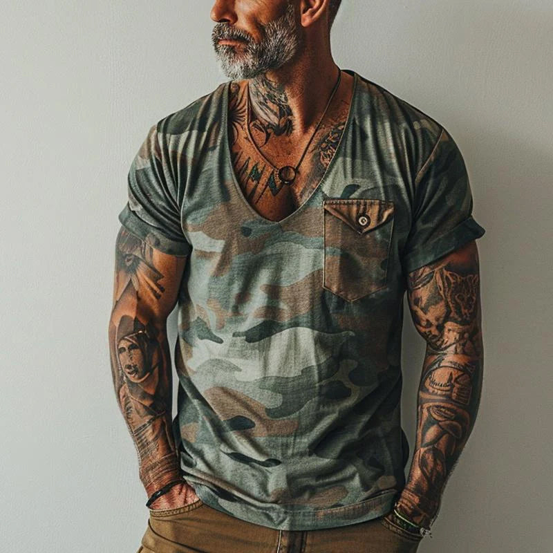 Heren T Shirt Vintage Camouflage V-Hals Avontuurlijke Stijl 1