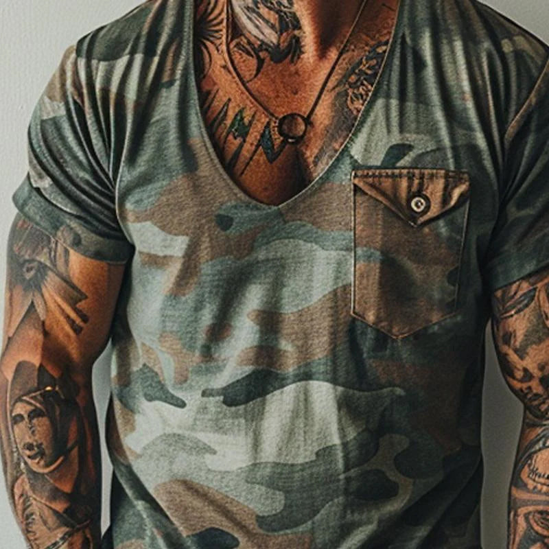 Heren T Shirt Vintage Camouflage V-Hals Avontuurlijke Stijl 2