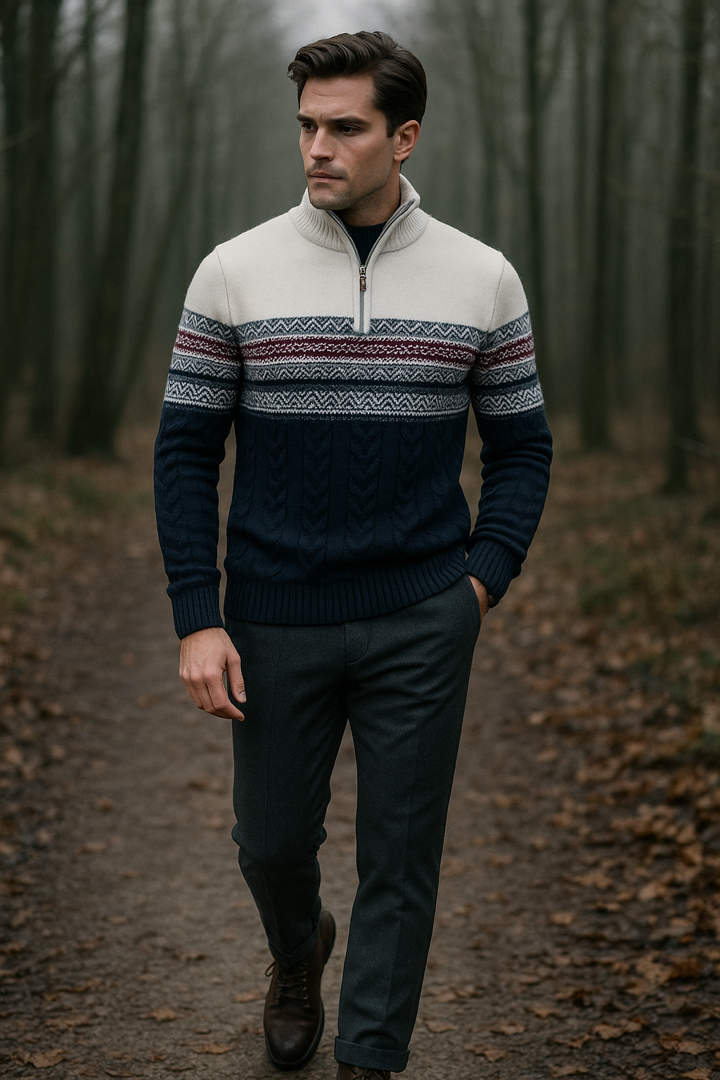Heren Trui Kwart Ritssluiting Noors Patroon Zachte Gemengde Stof 1