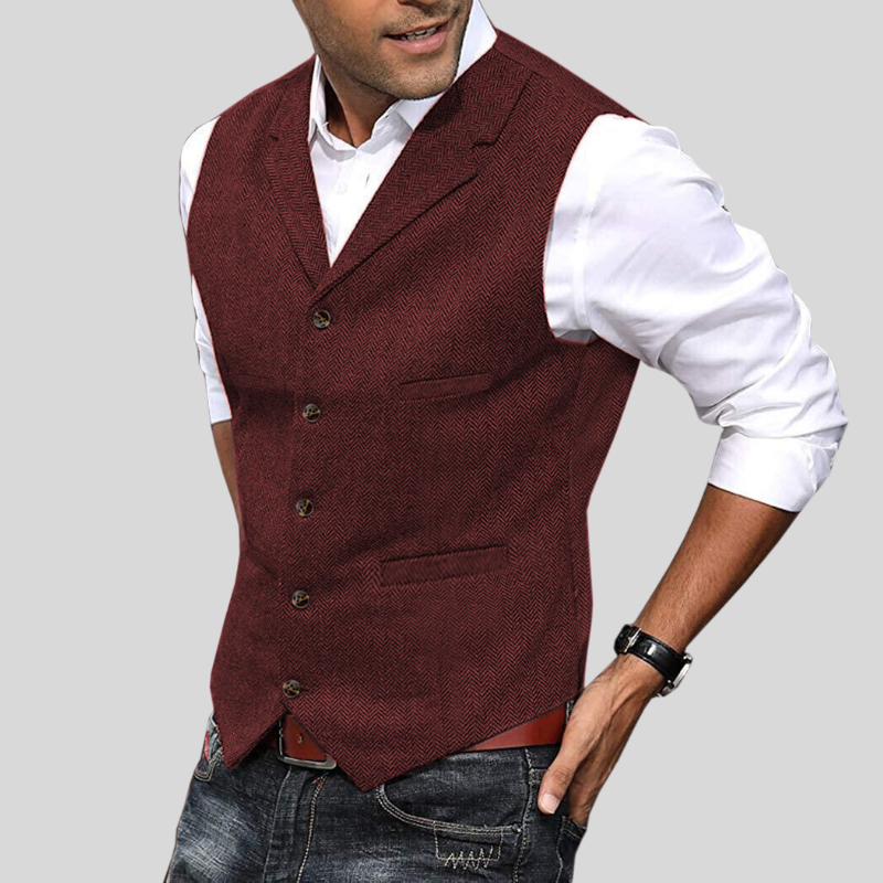 Heren Vest Korte Mouwen Herringbone Stijl Moderne Pasvorm 3