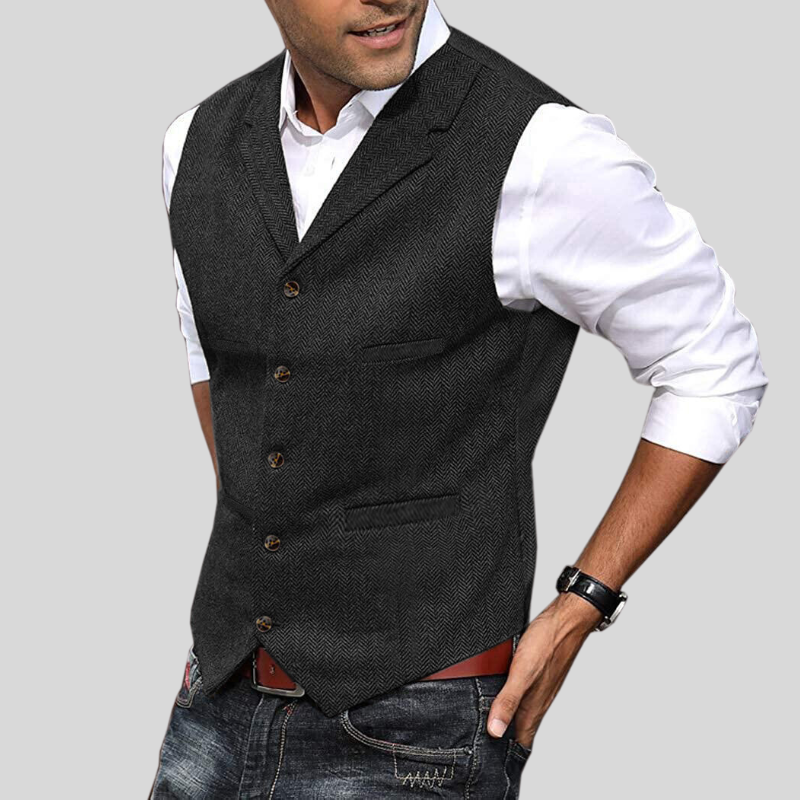 Heren Vest Korte Mouwen Herringbone Stijl Moderne Pasvorm 9