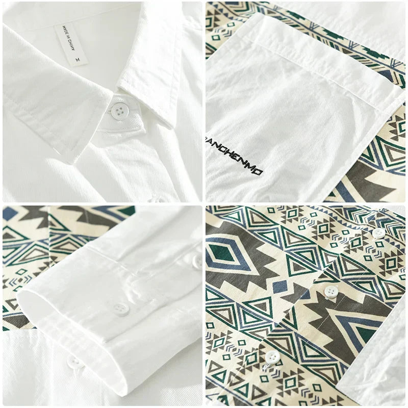 Heren Overhemd Casual Patchwork Katoen 5