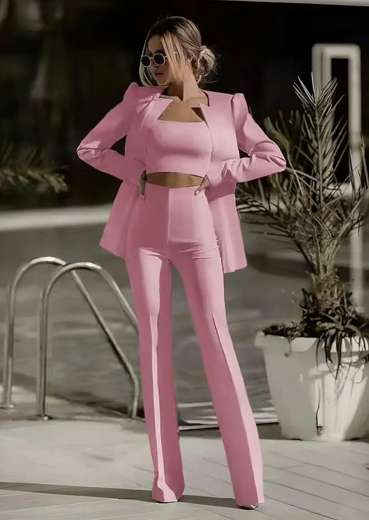 Variant image for Dames 3-delige Set Blazer Top Broek Katoen in Wit Groen Roze-8