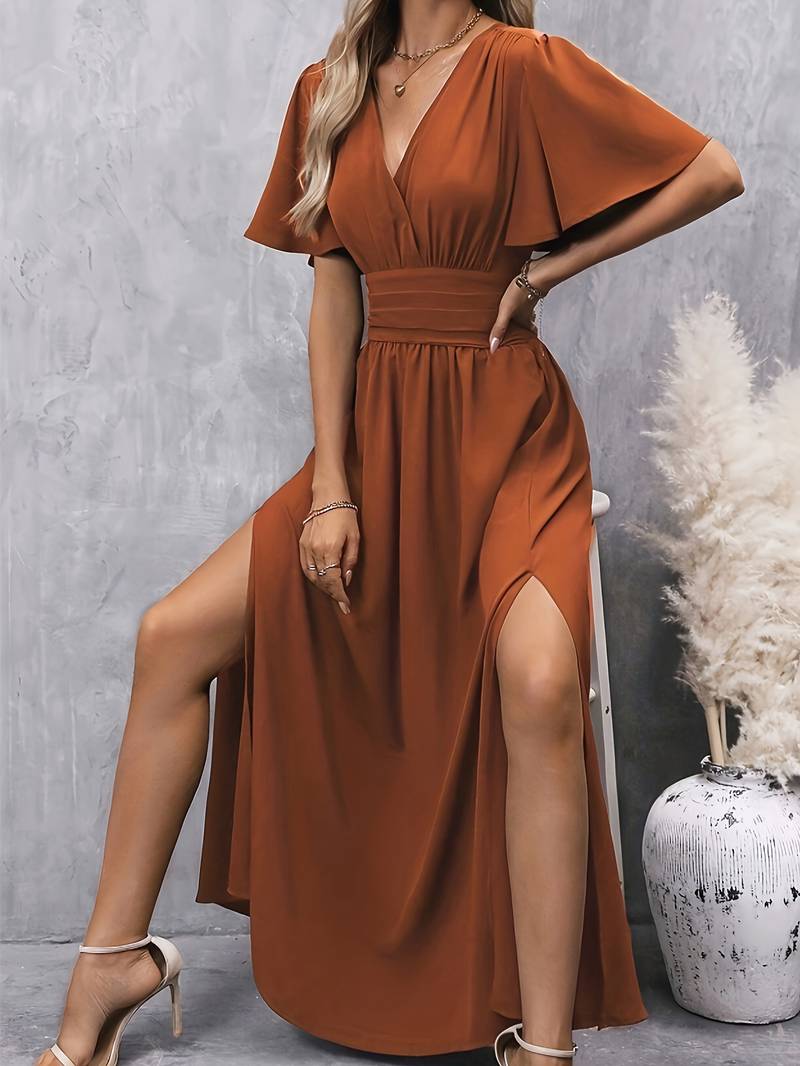Lange Jurk Dames Geplooide Taille Elegante Ruche Kraag Zachte Stof-3