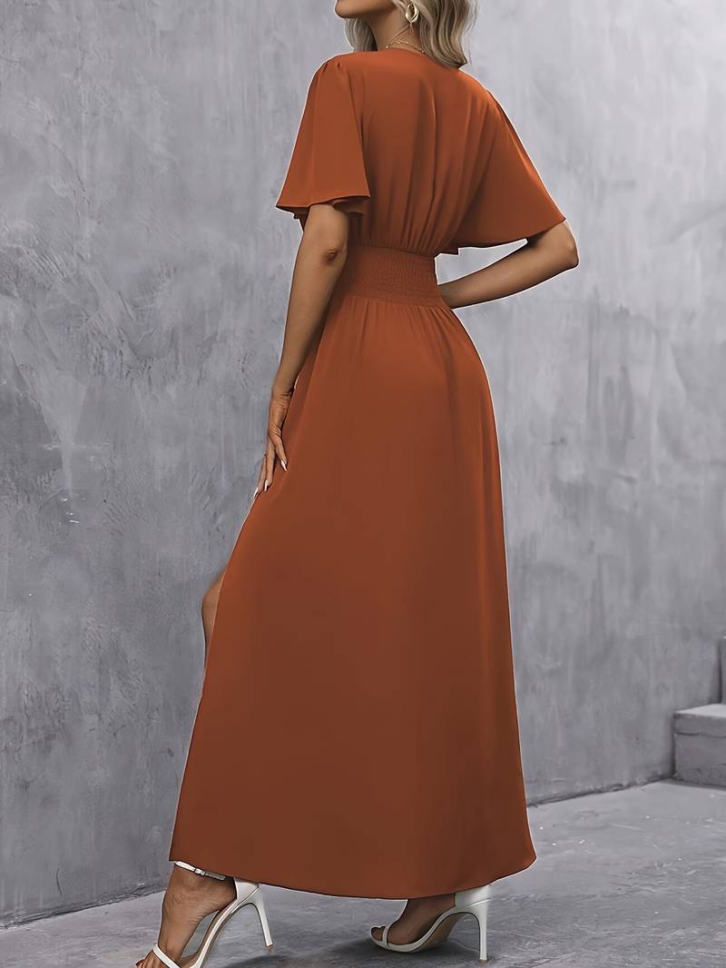 Lange Jurk Dames Geplooide Taille Elegante Ruche Kraag Zachte Stof-4