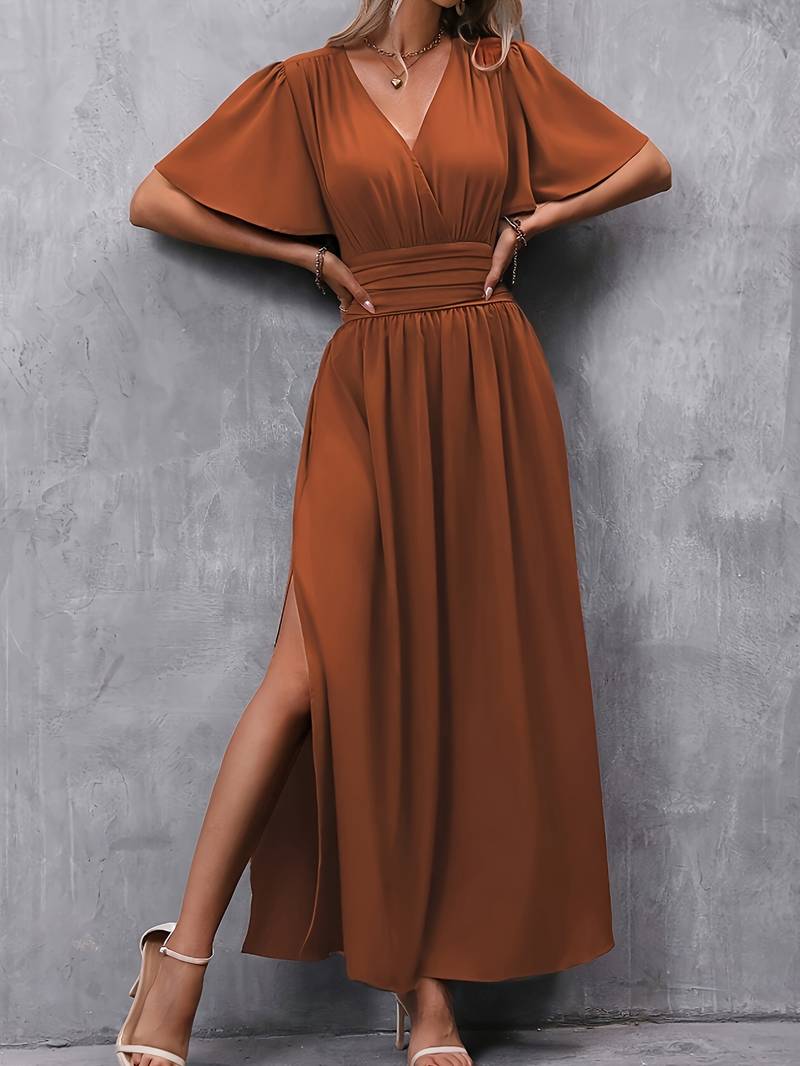 Lange Jurk Dames Geplooide Taille Elegante Ruche Kraag Zachte Stof-5