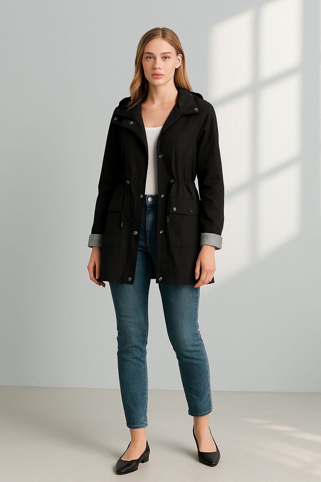 Lange Dames Jas Waterdicht Met Capuchon En Verstelbaar Trekkoord 1