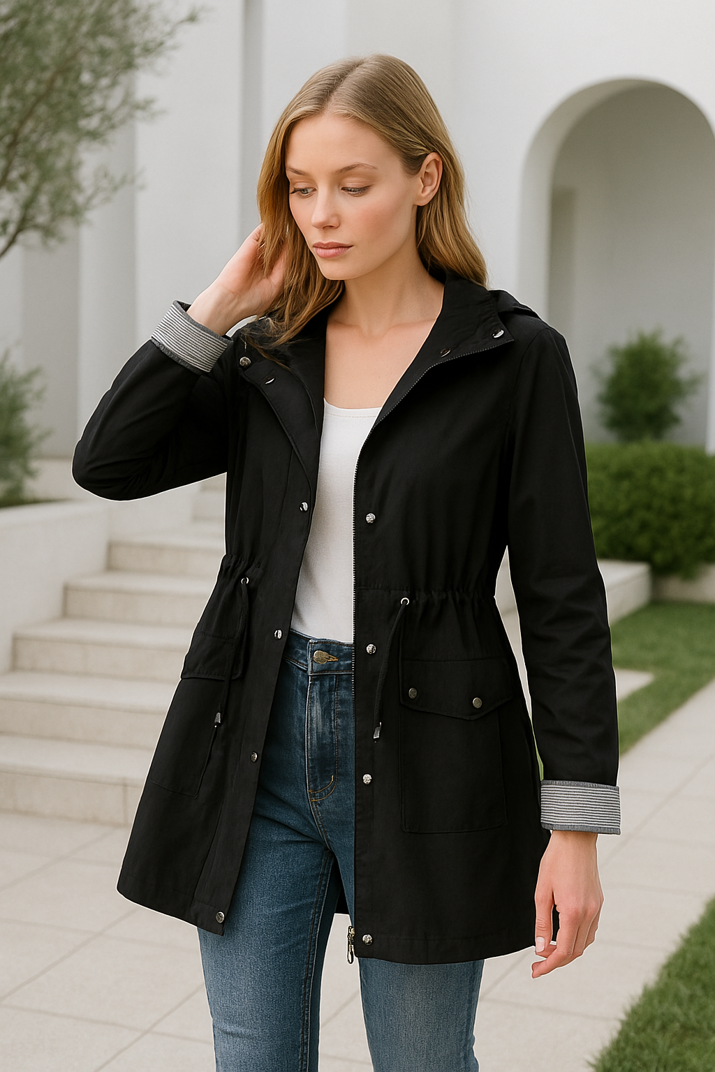 Lange Dames Jas Waterdicht Met Capuchon En Verstelbaar Trekkoord 2