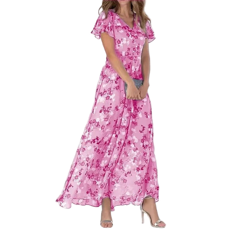 Maxi-jurk voor dames met bloemenprint, V-hals en korte, flatterende mouwen. 0