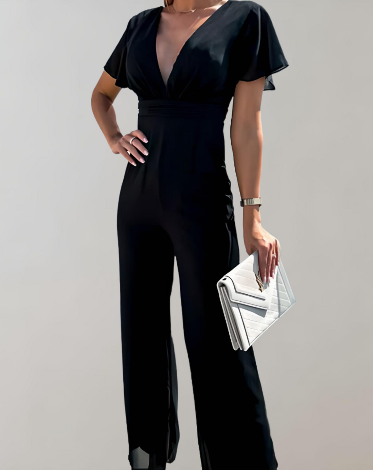 Variant image for Dames Jumpsuit V-Hals Met Wijde Pijpen van Polyester Feestelijke Jumpsuit Zwart-13