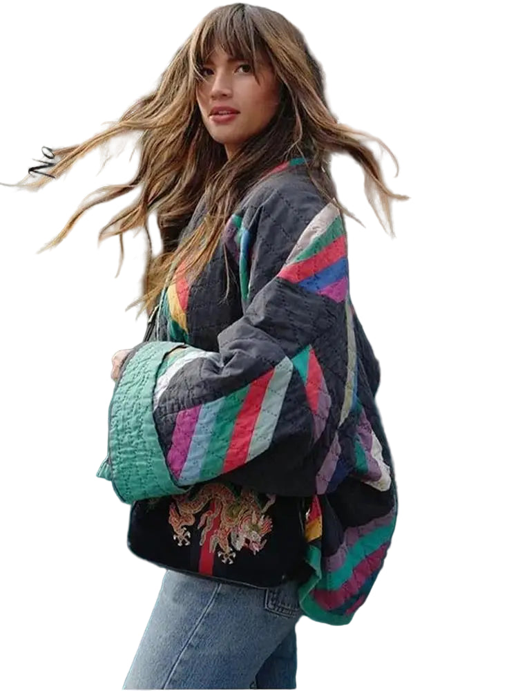 Lange Dames Jas Gewatteerd Gestreept Polyester voor Winter 2