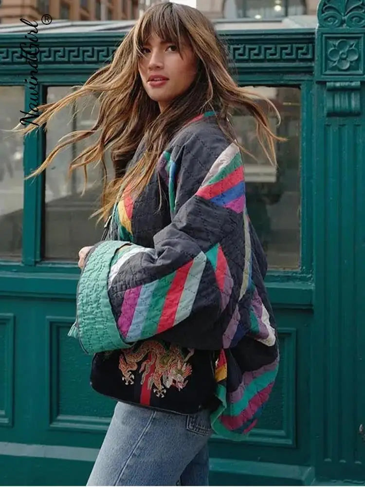 Lange Dames Jas Gewatteerd Gestreept Polyester voor Winter 2
