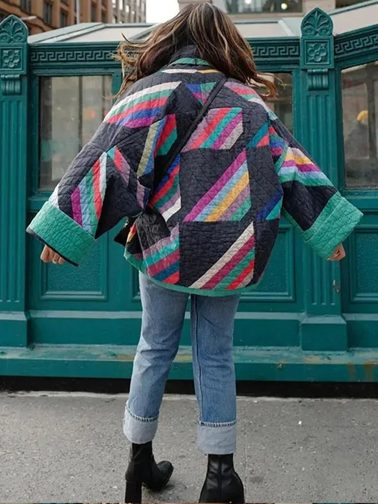 Lange Dames Jas Gewatteerd Gestreept Polyester voor Winter 4