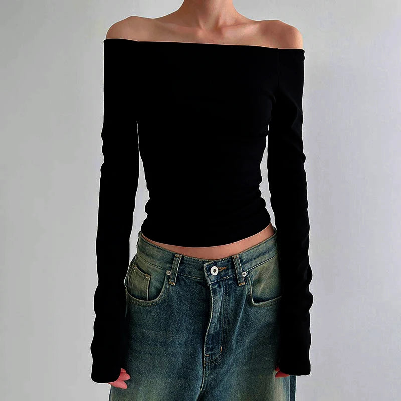 Effen Off Shoulder Lange Mouw Tops