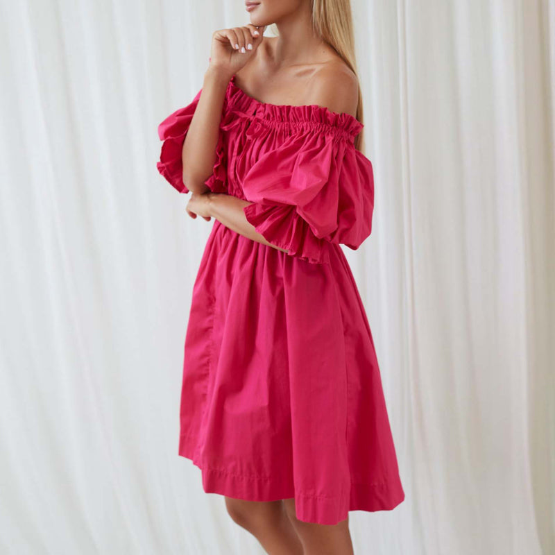 Dames Mini-Jurk Off-Shoulder Katoen met Korte Pofmouwen-2