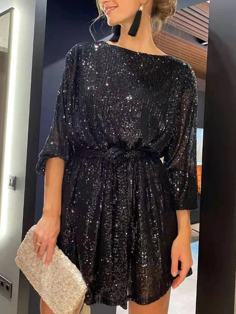 Dames Feestjurk Met Glinsterende Pailletten Polyester Elegante Pasvorm 1