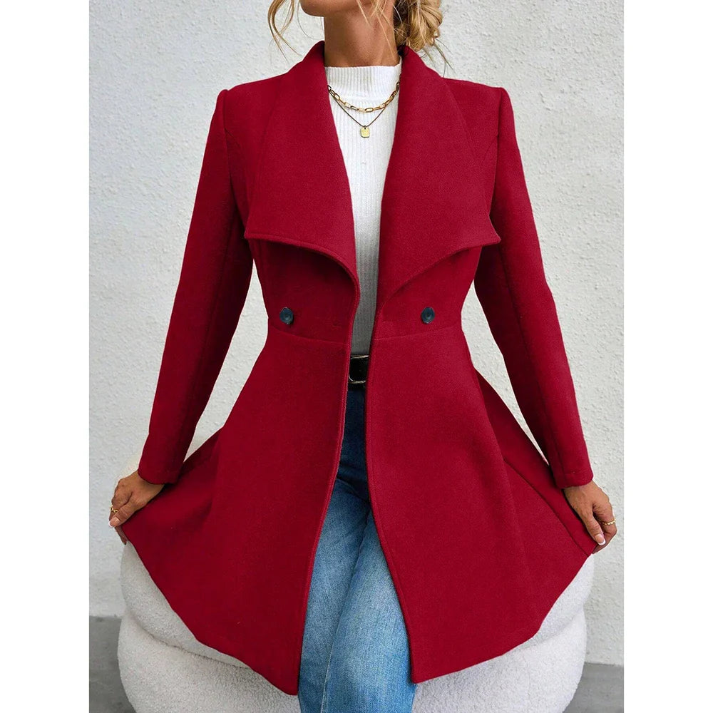 Lange Dames Jas Zwart Elegant Taljesnit Uldblending Winter-2