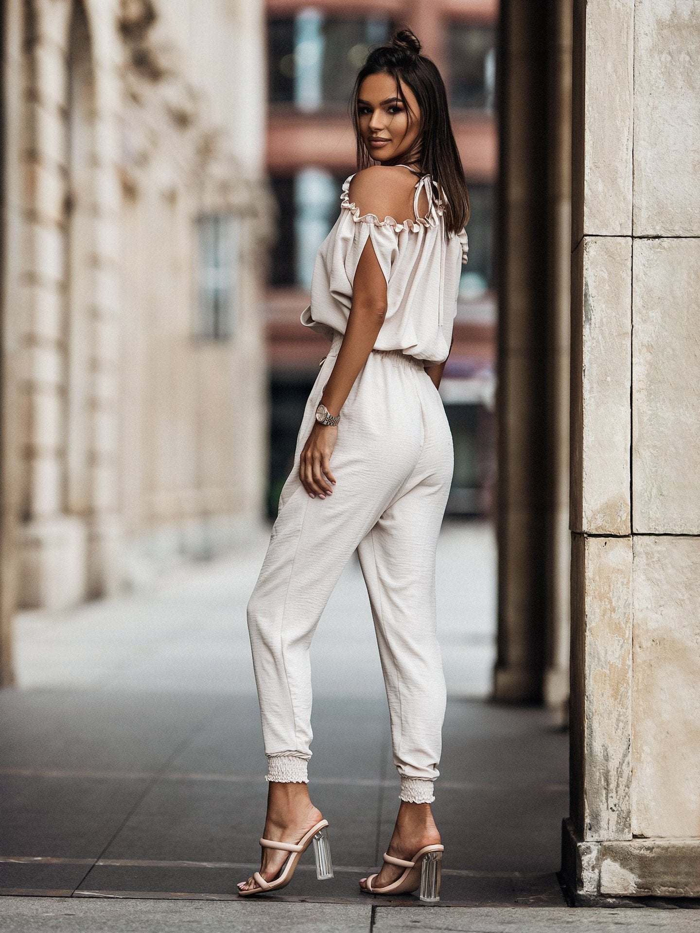 Dames Jumpsuit Feestelijk Met Open Schouders En Overslag V-Hals Van Polyester-3