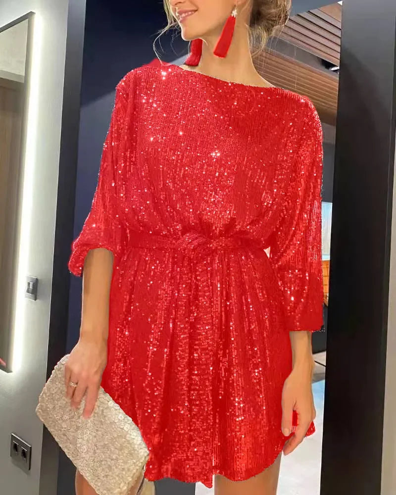 Dames Feestjurk Met Glinsterende Pailletten Polyester Elegante Pasvorm 3