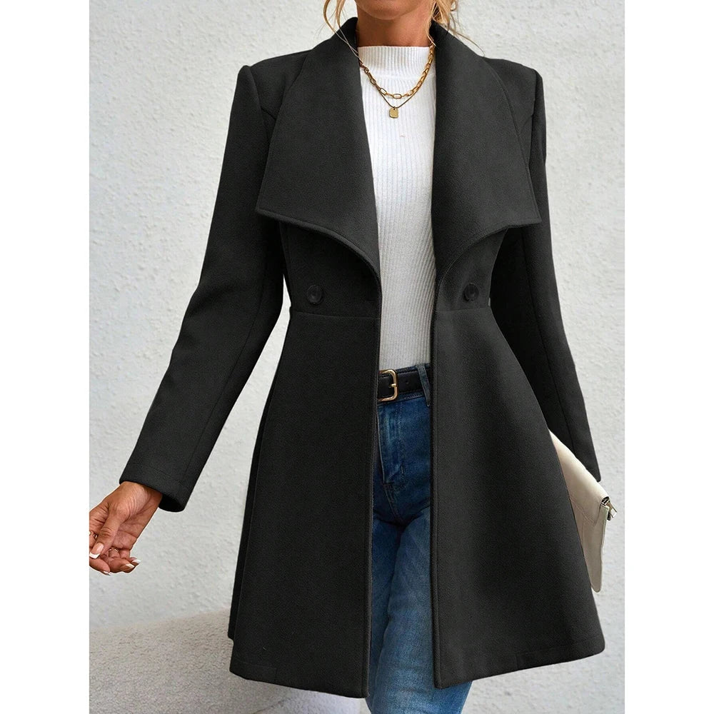 Variant image for Lange Dames Jas Zwart Elegant Taljesnit Uldblending Winter-5