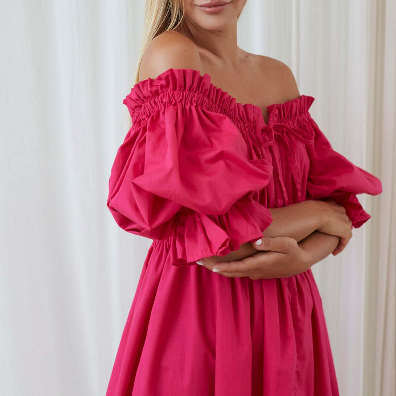 Dames Mini-Jurk Off-Shoulder Katoen met Korte Pofmouwen-1