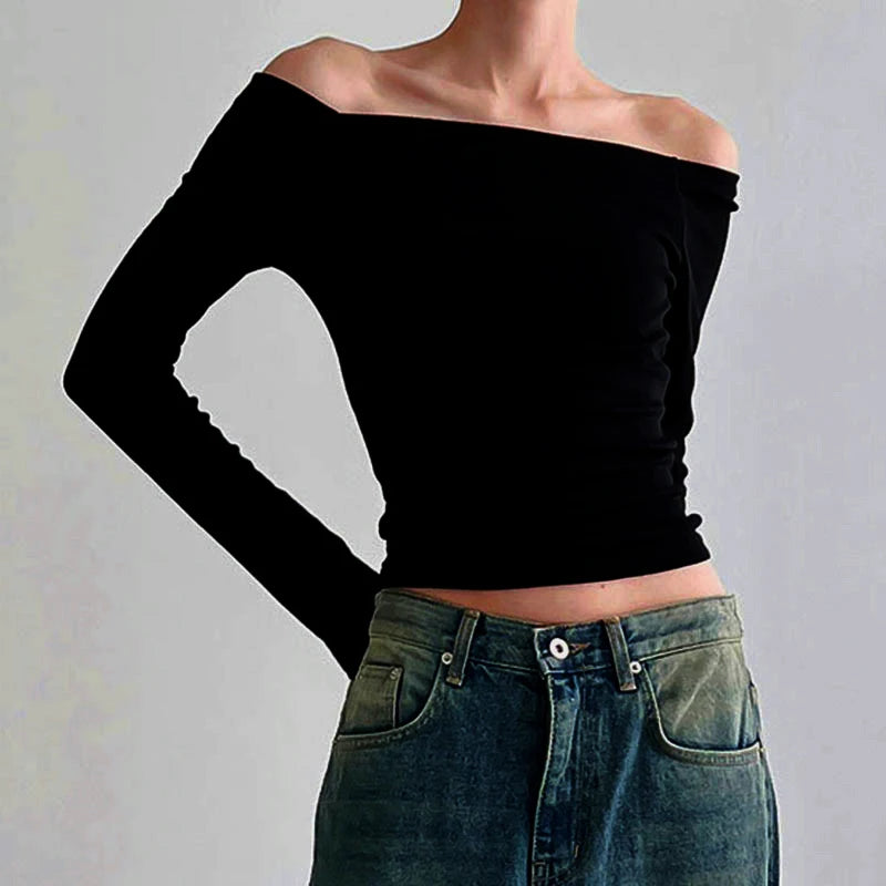 Effen Off Shoulder Lange Mouw Tops