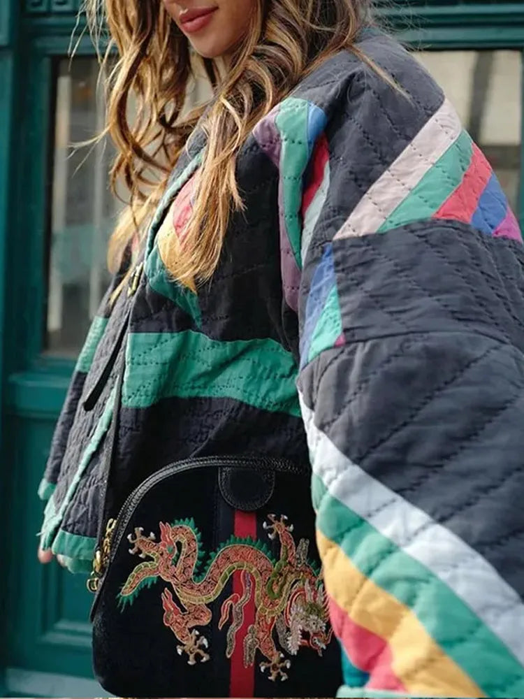 Lange Dames Jas Gewatteerd Gestreept Polyester voor Winter 6