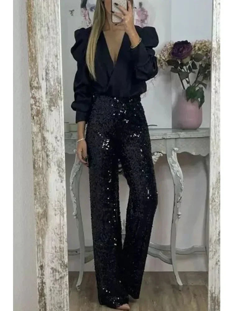 Dames Feestbroek Met Sprankelende Pailletten Polyester Elastaan 1