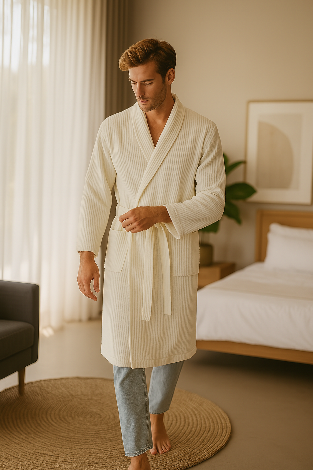 Unisex Badjas Wafelstructuur Ademend Stof Met Verstelbare Tailleband en Zakjes 2