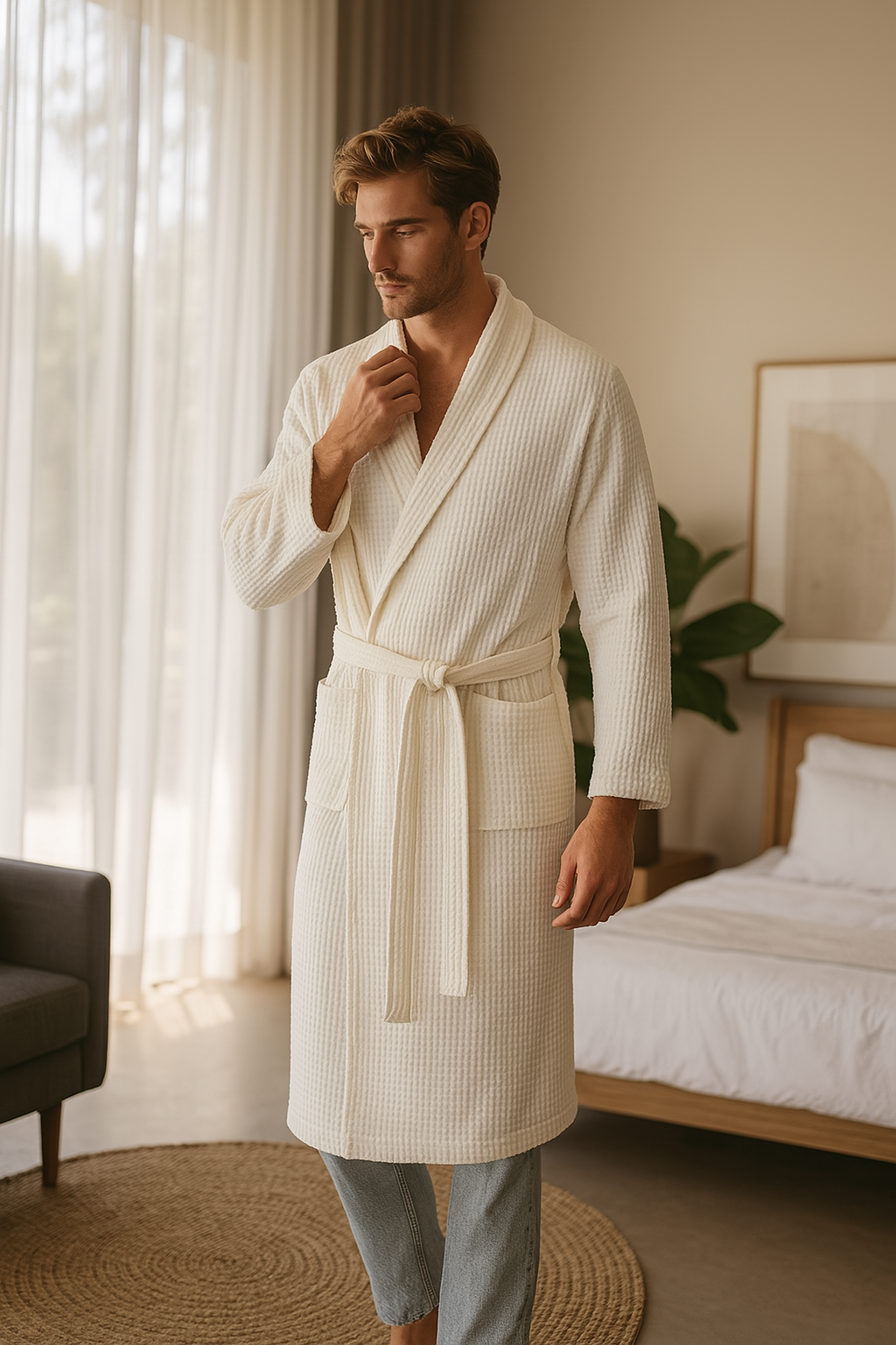 Unisex Badjas Wafelstructuur Ademend Stof Met Verstelbare Tailleband en Zakjes 3