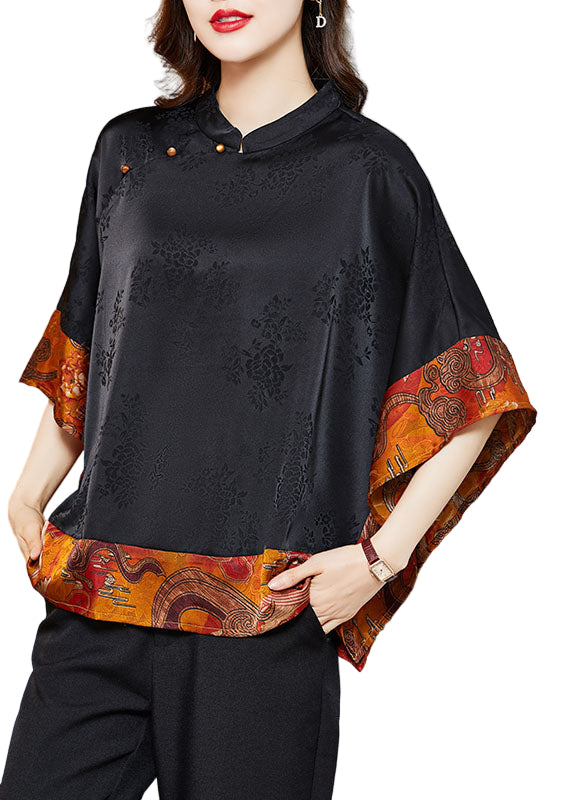 Vintage Zwarte Mandarin Kraag Asymmetrische Patchwork Zijde Blouse 0