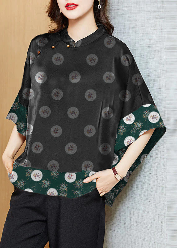 Vintage Zwarte Mandarin Kraag Asymmetrische Patchwork Zijde Blouse 7