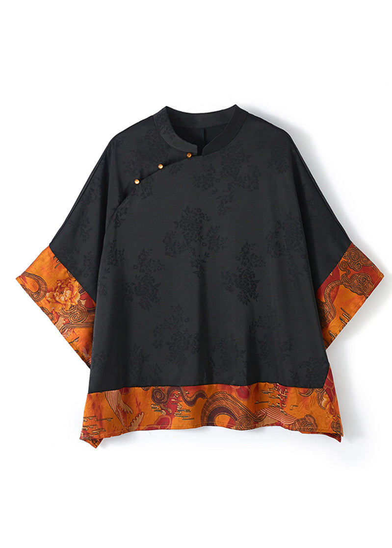 Vintage Zwarte Mandarin Kraag Asymmetrische Patchwork Zijde Blouse 8