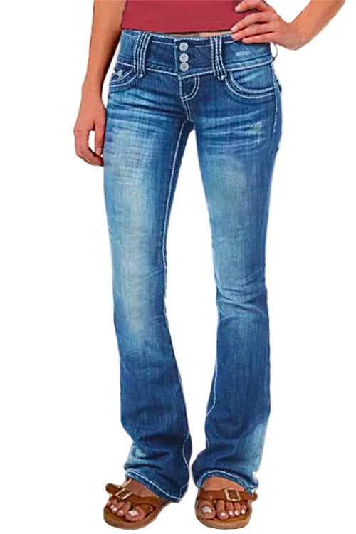 Vrouwen Bell Bottom Jeans met Knopen en Zakken 0