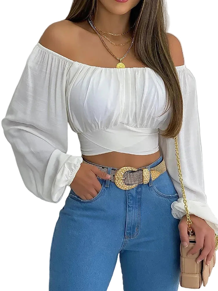 Vrouwen Blouse Off Schouder Met Lantaarnmouwen 0