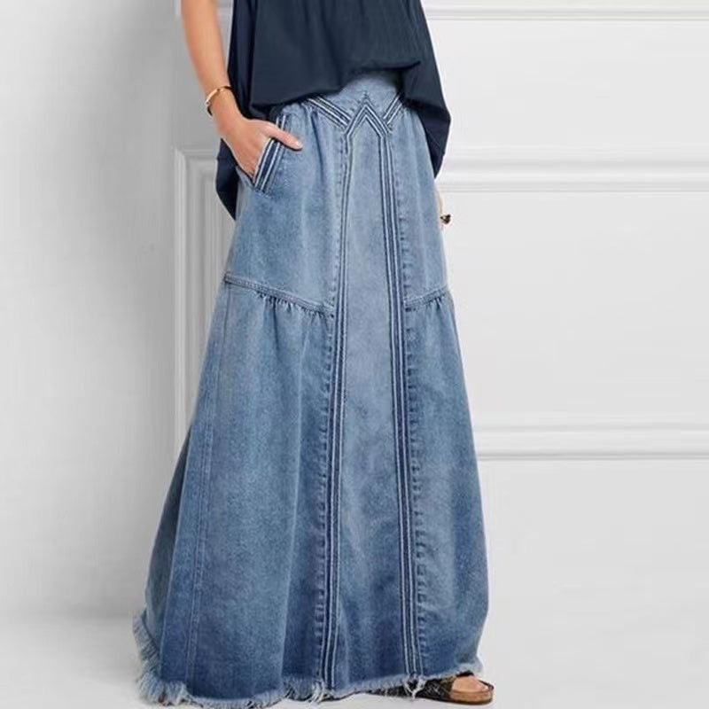 Vrouwen Denim Rok Losse Pasvorm met Elastische Taille en Zakken 2