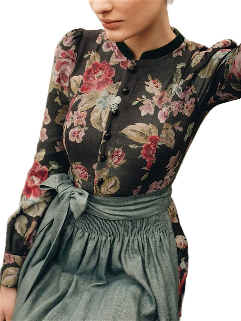 Vrouwen Dirndlkleid Vintage Stijl met Bloemenpatroon en Schürze 0