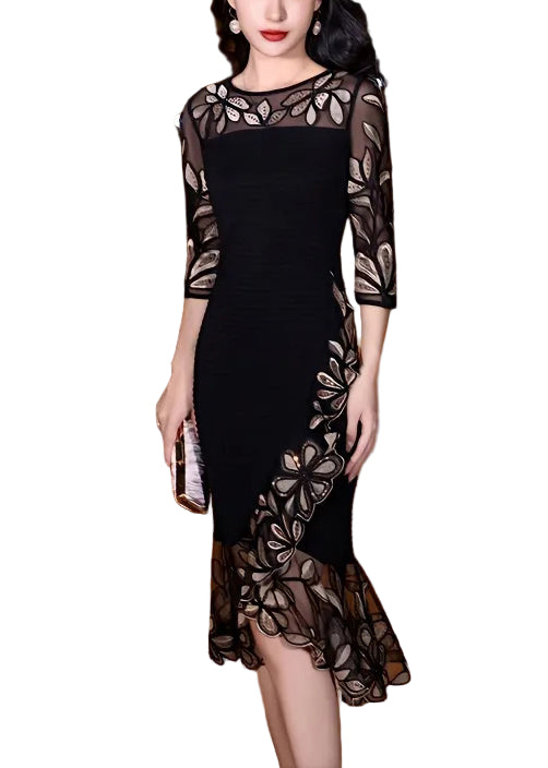 Vrouwen Fishtail Rok Jurk met Borduursel en Halve Mouwen 0