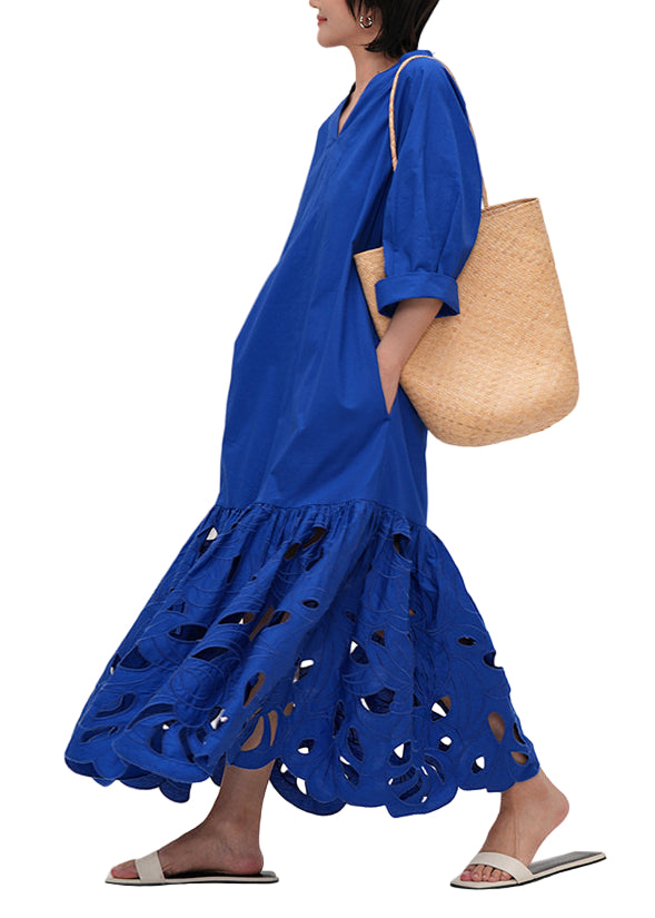 Vrouwen Maxi Jurk Gehaakt Katoen met Halve Mouwen 0