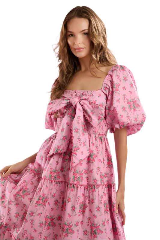Vrouwen Maxi Jurk Met Bloemenprint Voorzijde Strikdetail 0