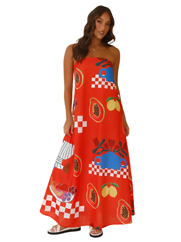 Vrouwen Maxi Jurk Strapless Tropische Print 0