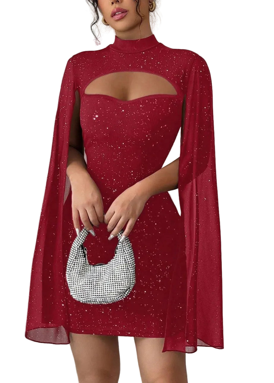 Vrouwen Mid Cape Jurk met Opstaande Kraag en Pailletten 0