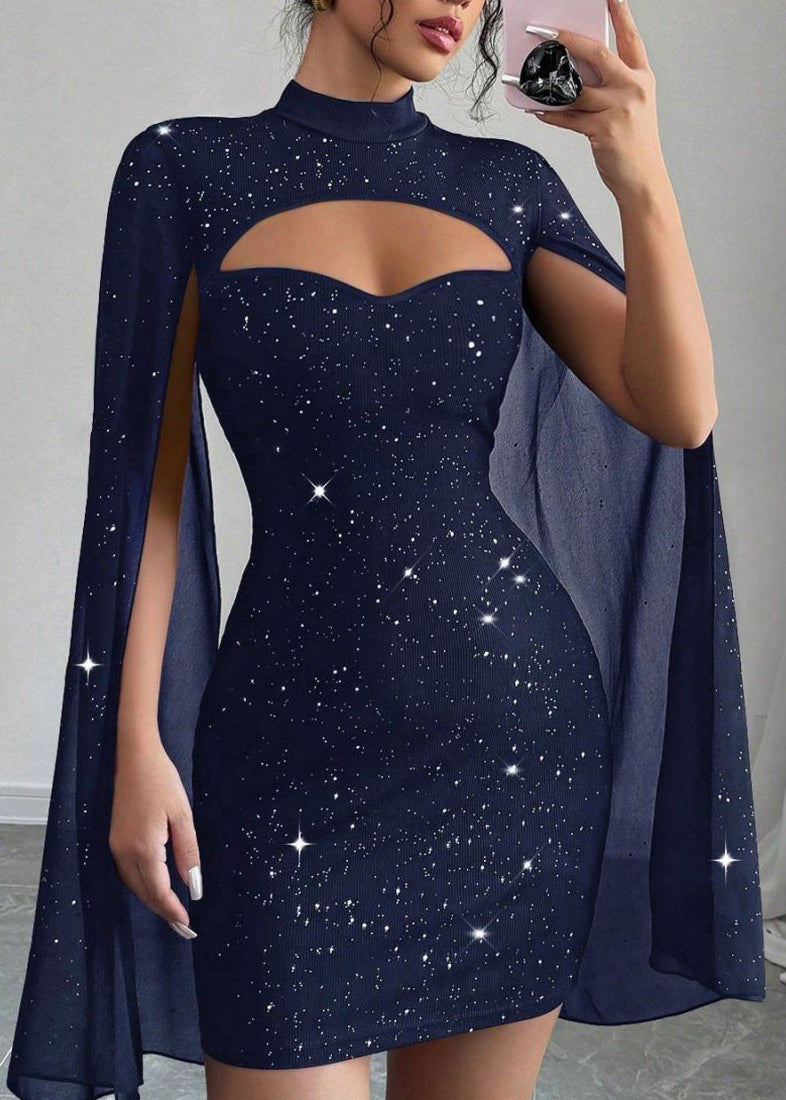 Vrouwen Mid Cape Jurk met Opstaande Kraag en Pailletten 2